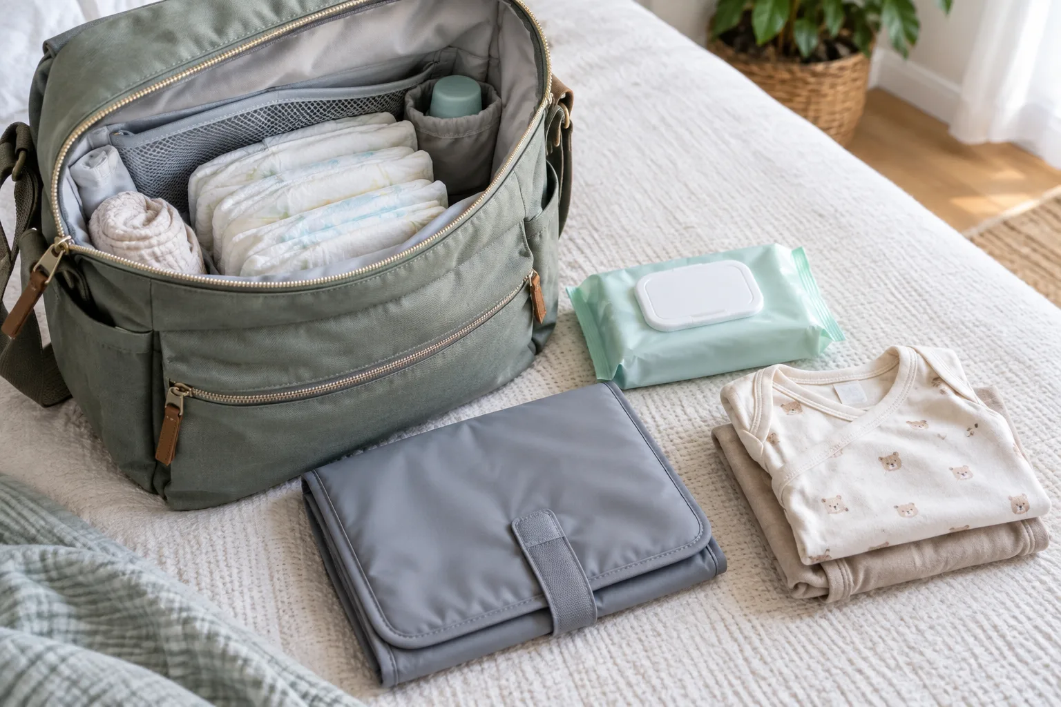 Des couches, un matelas à langer nomade et des vêtements de rechange rangés près d’un sac ouvert.