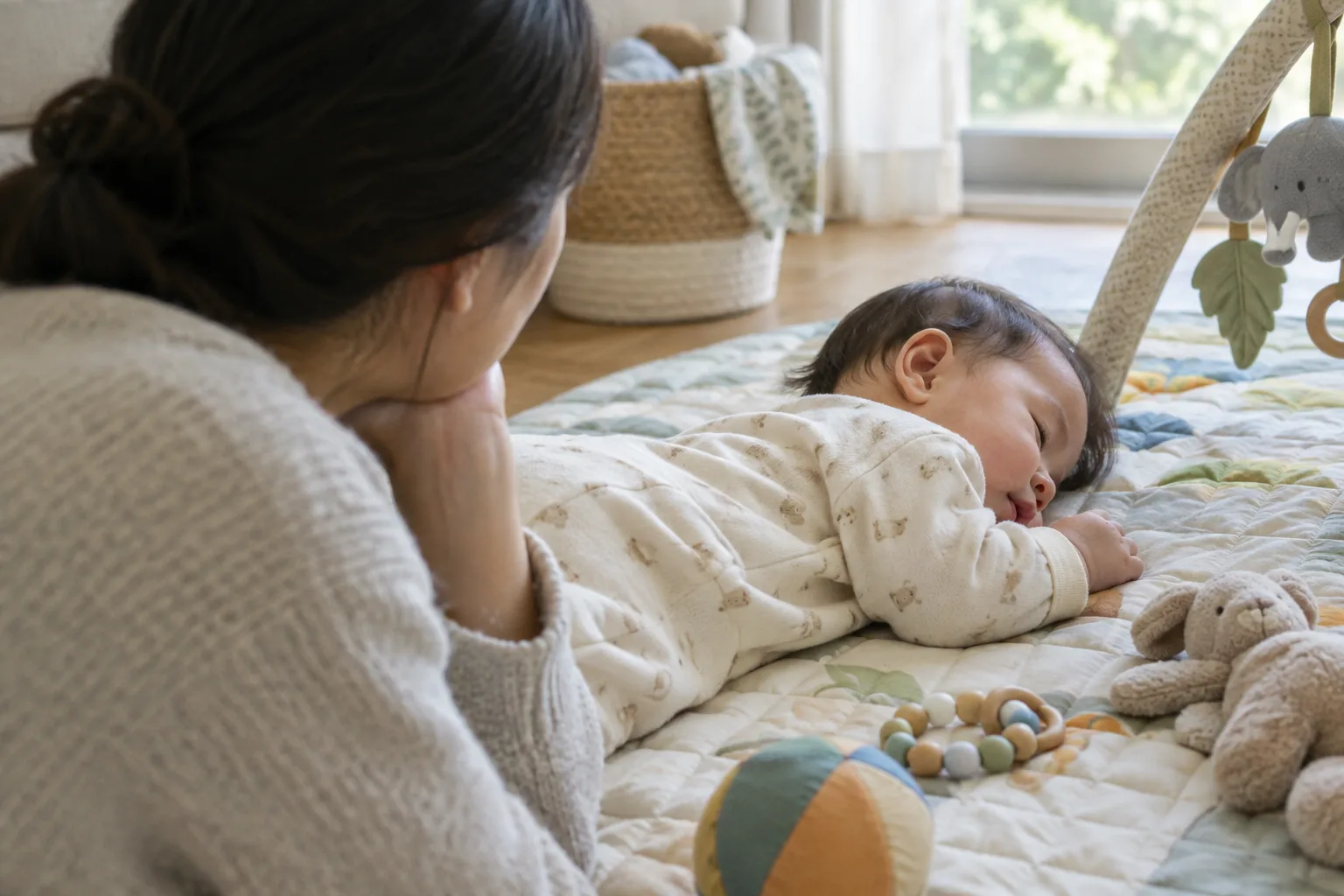 Un parent observe les signes de fatigue de son bébé pendant un moment calme.