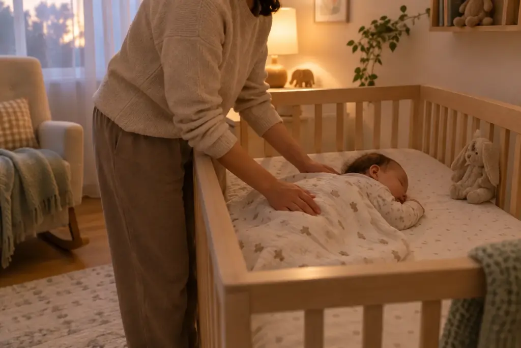 Un parent accompagne un bébé fatigué dans une chambre apaisante.
