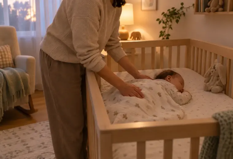 Un parent accompagne un bébé fatigué dans une chambre apaisante.