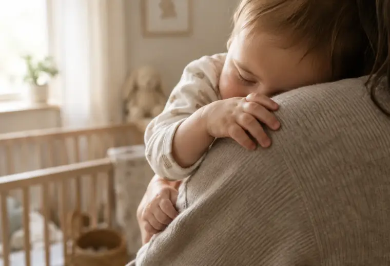 Un parent berce doucement un bébé fatigué dans une chambre à la lumière douce.