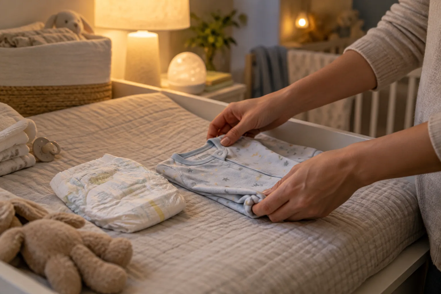 Les mains d’un parent préparent un pyjama et une couche avant le coucher de bébé.