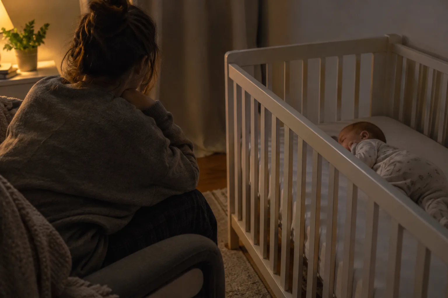 Un parent reste près du lit dégagé de son bébé pendant une pause calme.