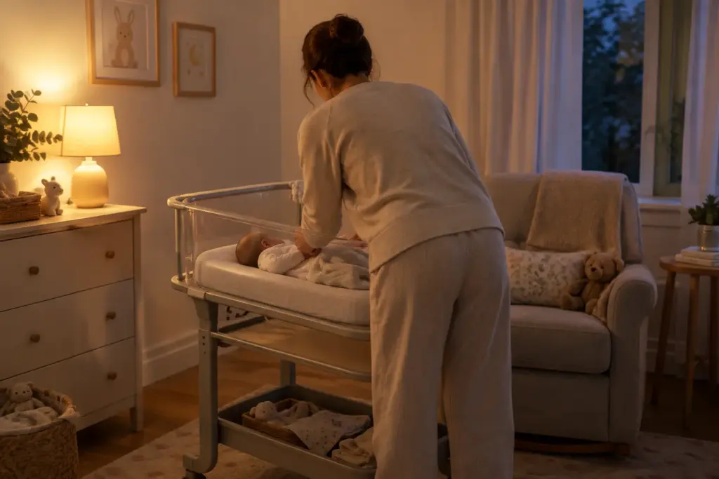 Un parent installe doucement son bébé dans un lit dégagé, dans une chambre à la lumière tamisée.