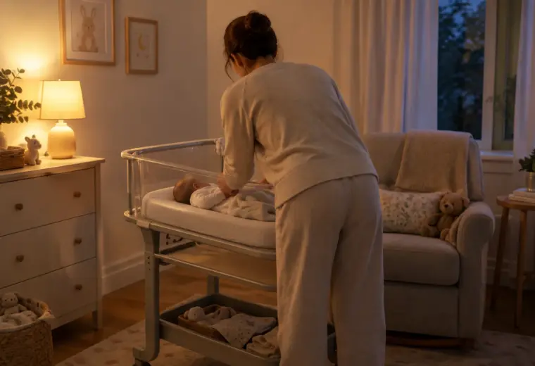 Un parent installe doucement son bébé dans un lit dégagé, dans une chambre à la lumière tamisée.