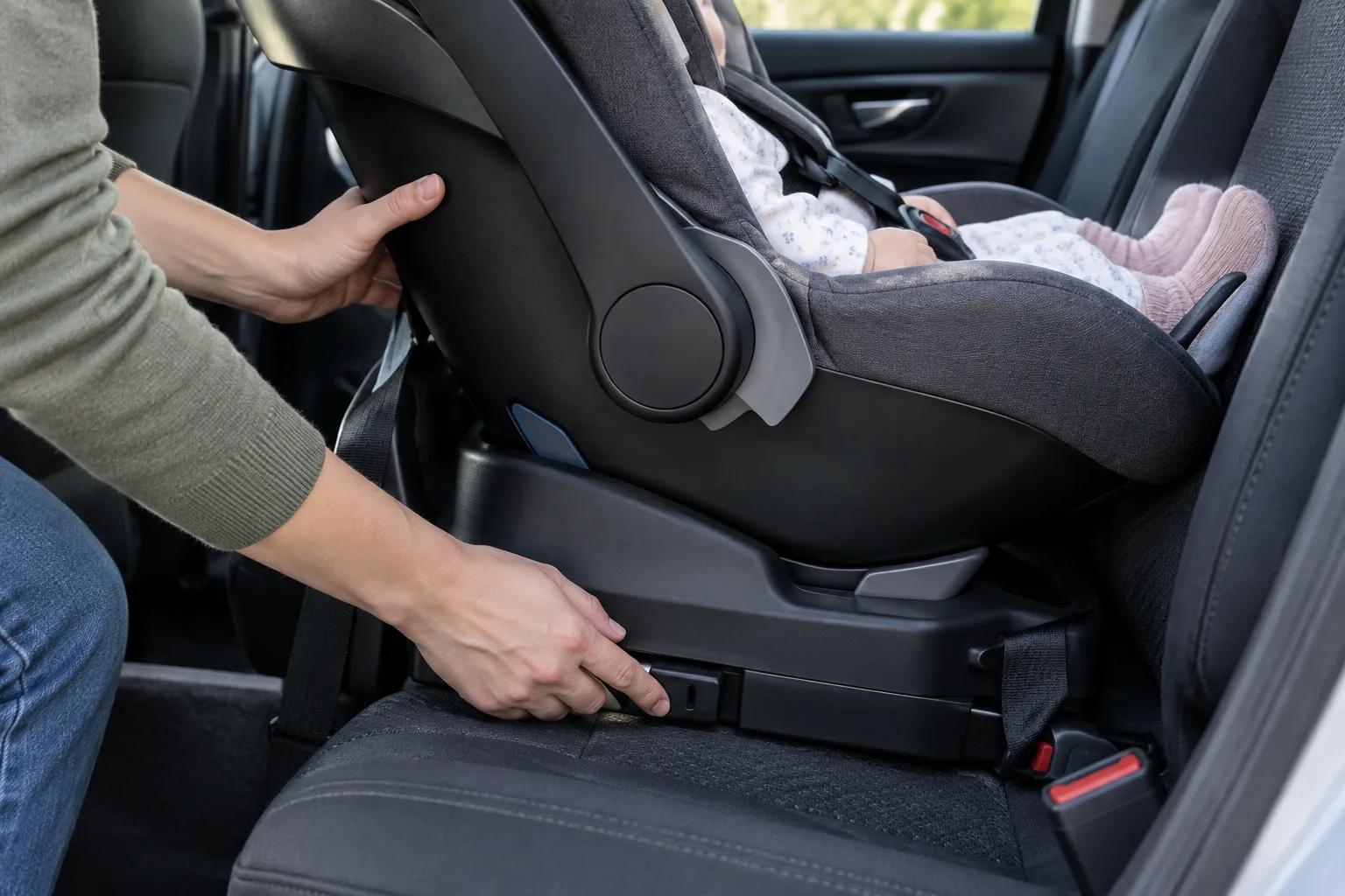 Des mains contrôlent la fixation d’un siège-auto dos à la route dans une voiture.