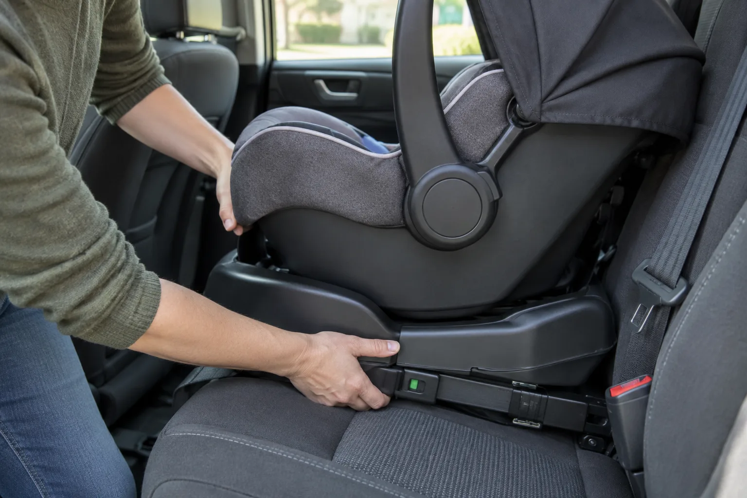 Des mains vérifient la fixation de la base d’un siège-auto installé dos à la route.