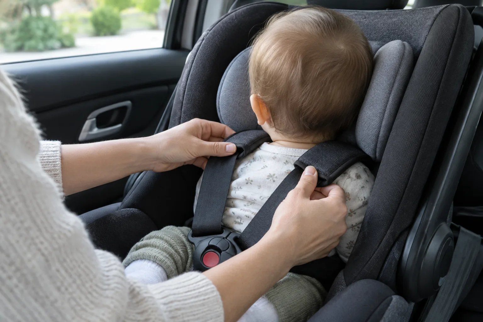 Des mains ajustent les sangles d’un bébé dans son siège-auto.