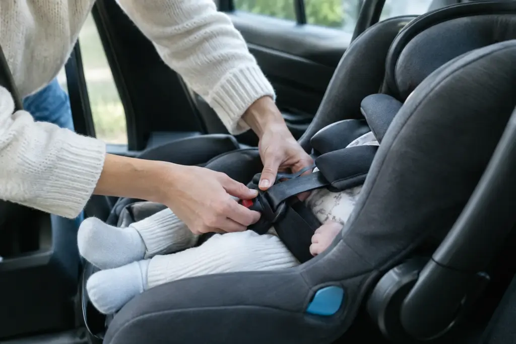 Un parent vérifie la fixation d’un siège-auto installé sur la banquette arrière.