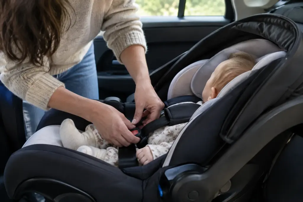 Un parent ajuste le harnais d’un bébé installé dans un siège-auto dos à la route.