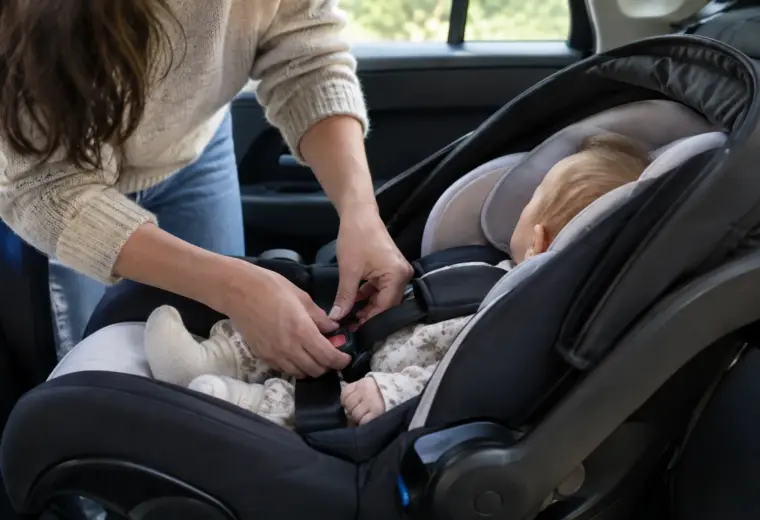 Un parent ajuste le harnais d’un bébé installé dans un siège-auto dos à la route.