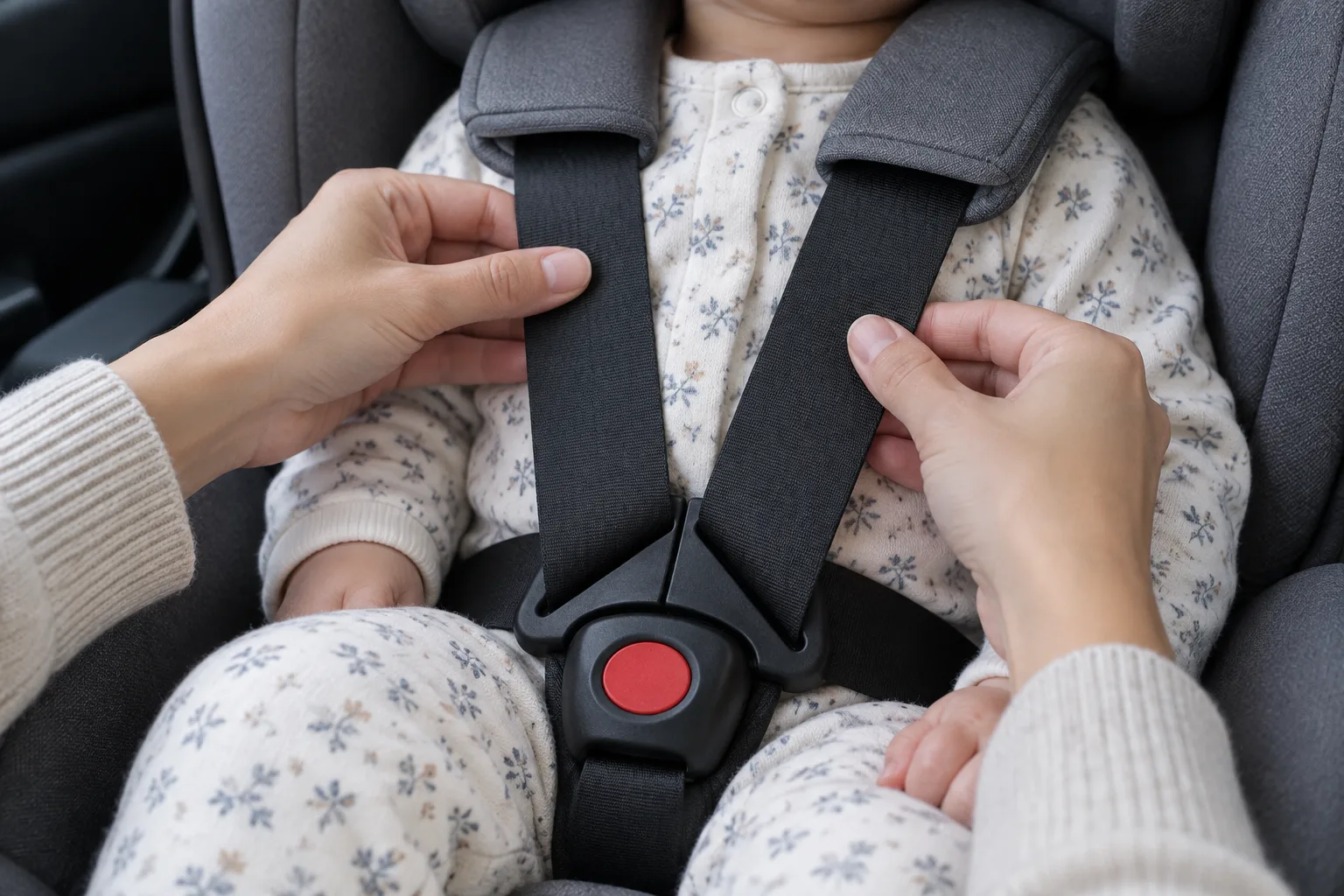 Des mains vérifient que les sangles du siège-auto sont à plat et bien ajustées sur les épaules de bébé.