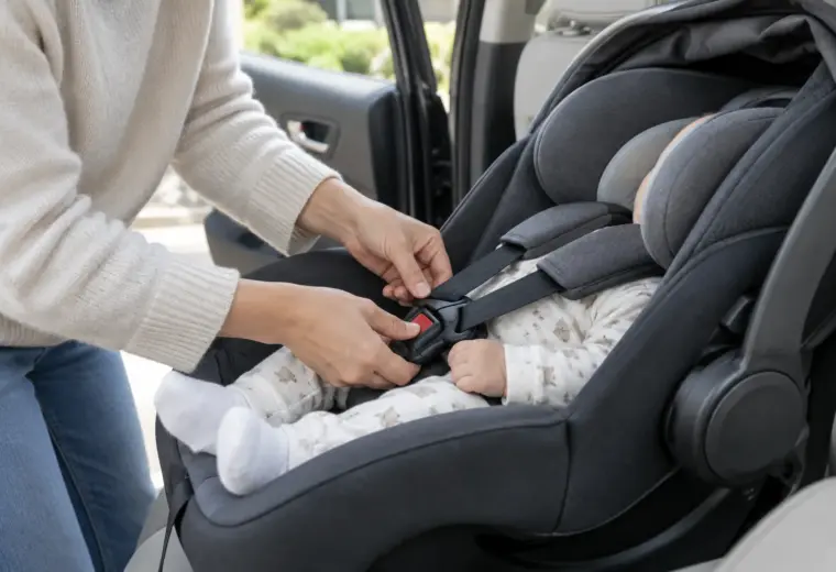 Un parent ajuste le harnais d’un bébé installé dans un siège-auto dos à la route.