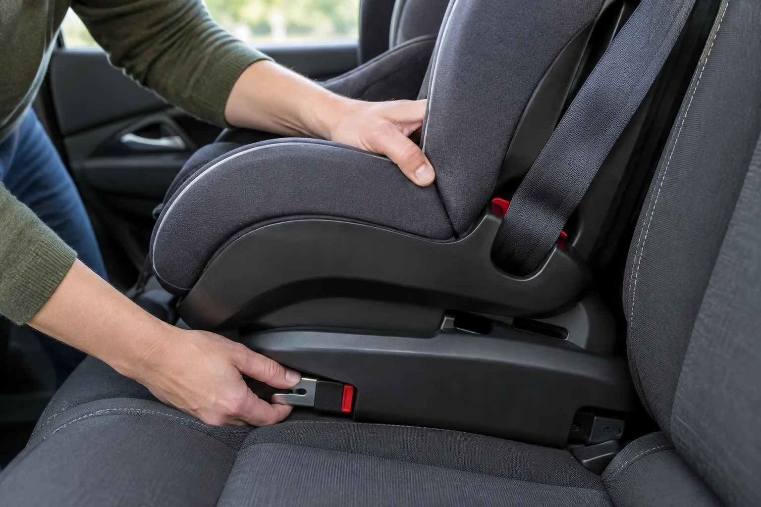 Des mains vérifient la fixation d’un siège-auto sur la banquette arrière.