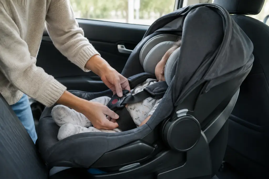 Un parent attache un bébé dans un siège-auto installé à l’arrière d’une voiture.