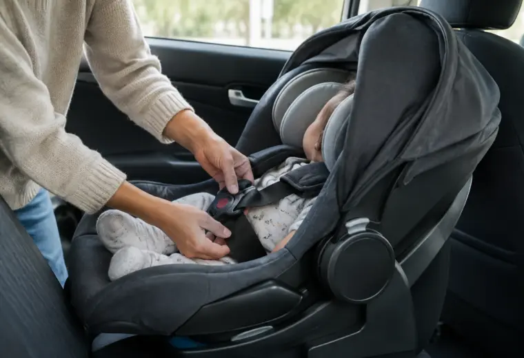 Un parent attache un bébé dans un siège-auto installé à l’arrière d’une voiture.