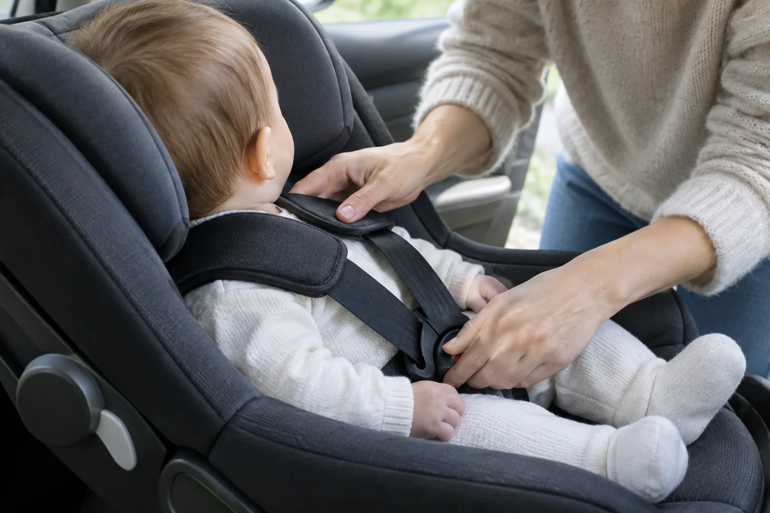 Les mains d’un parent ajustent les sangles du siège-auto autour de bébé.