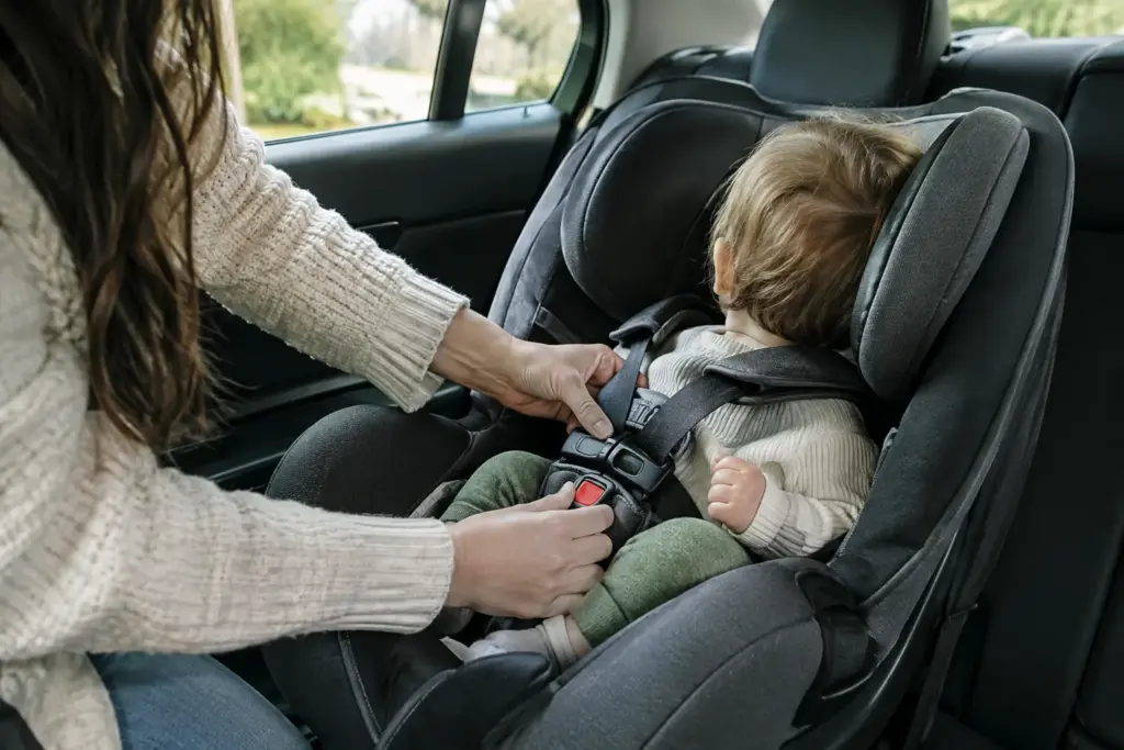 Un parent ajuste le harnais d’un bébé installé dans son siège-auto.