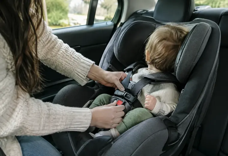 Un parent ajuste le harnais d’un bébé installé dans son siège-auto.