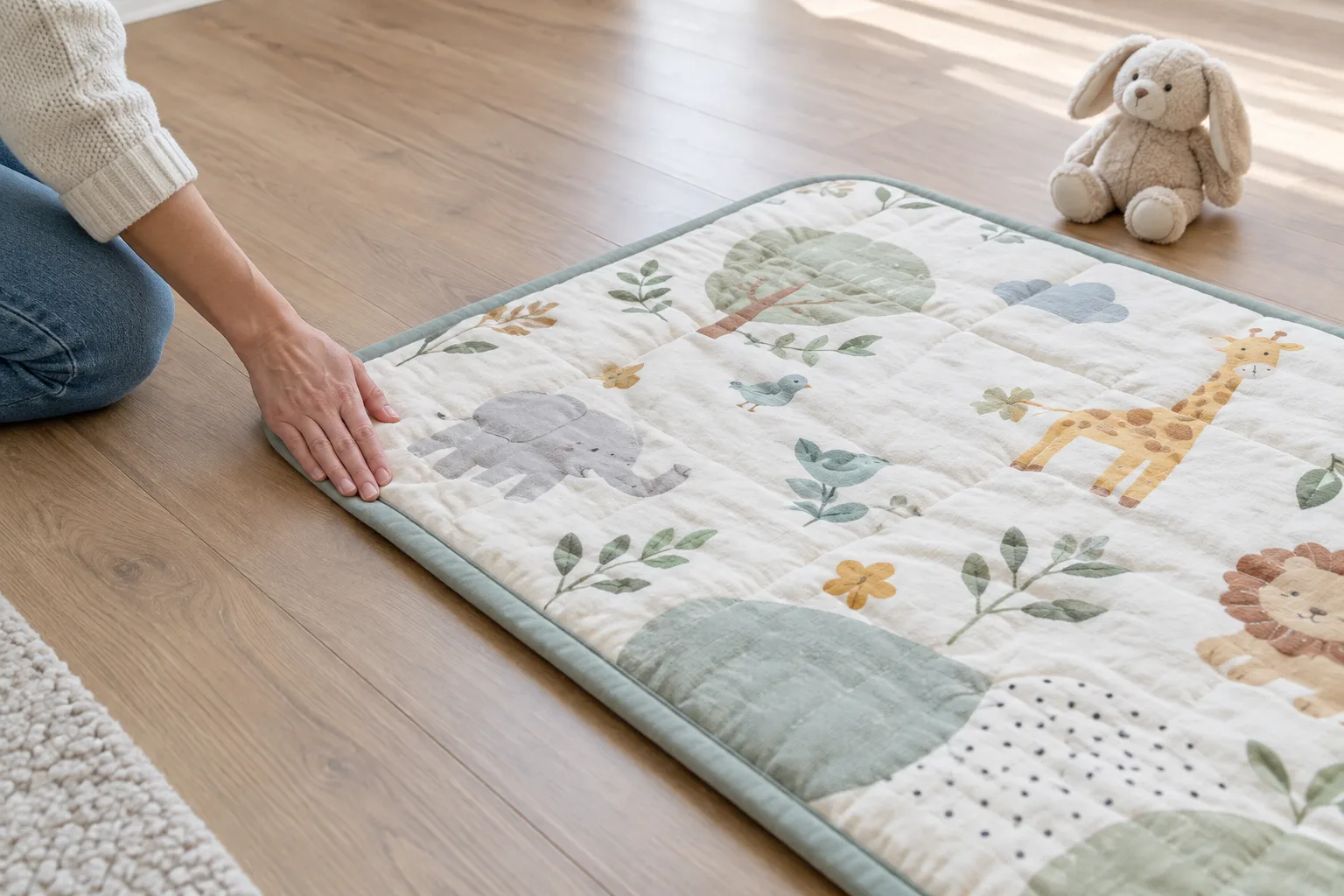 Un tapis d’éveil installé sur un sol plat, dans un espace sans objets encombrants.