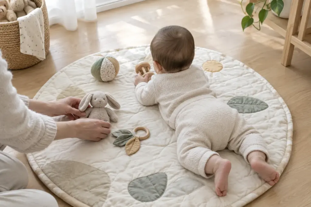 Bébé joue sur un tapis d’éveil posé au sol dans un espace dégagé.