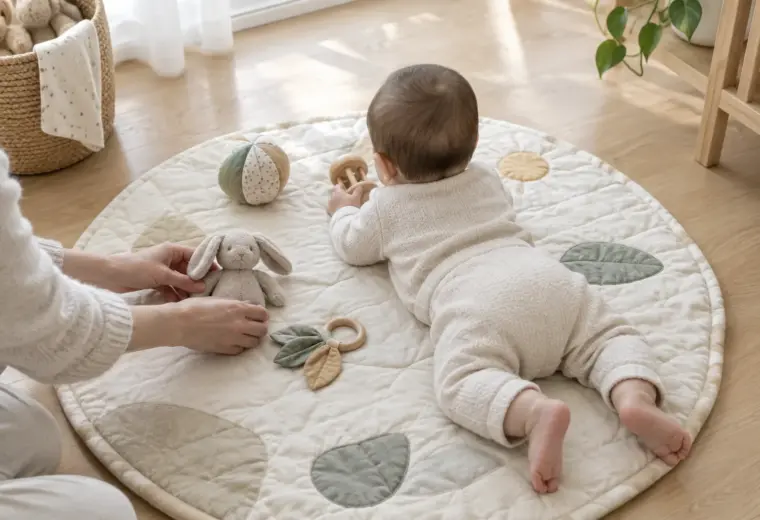 Bébé joue sur un tapis d’éveil posé au sol dans un espace dégagé.