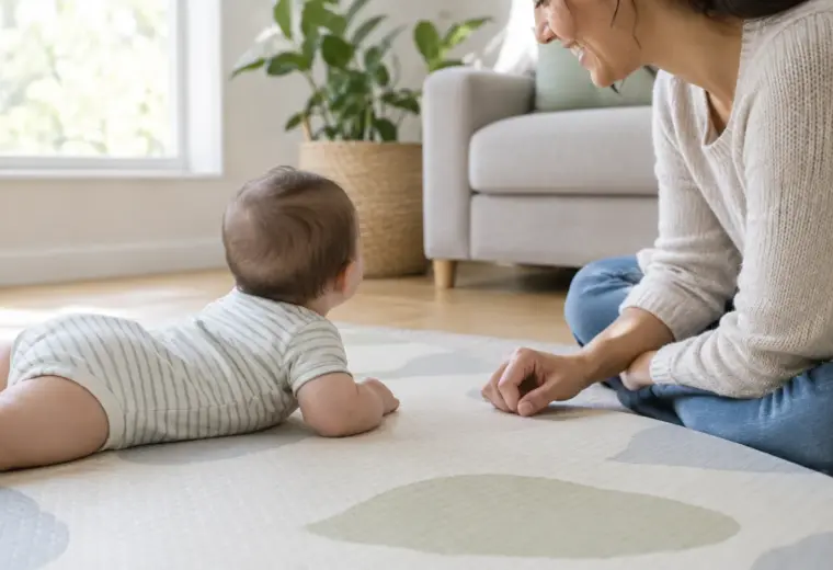 Un parent accompagne son bébé éveillé sur le ventre, installé sur un tapis au sol.